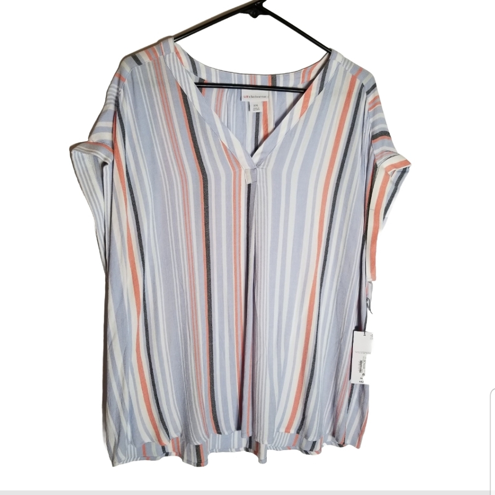Liz Claiborne Top Women's Size XXL White Blue Coral Striped V Neck New